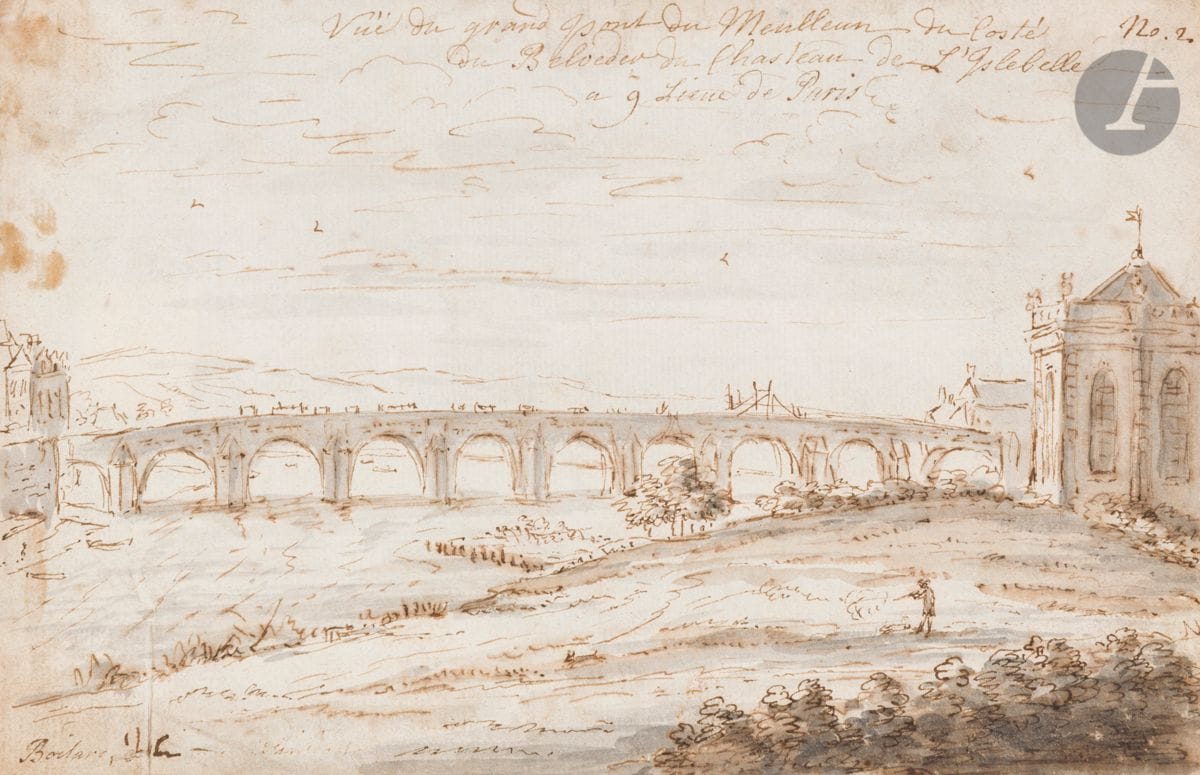 ÉCOLE FRANÇAISE du XVIIIe siècle 
Vue du grand pont de Meulan
Plume et encre brune, lavis brun et gris. 
Située en haut au centre, une signature en bas à gauche. 
(Petites rousseurs, petite pliure en bas à gauche).
12,7 x 19,8 cm