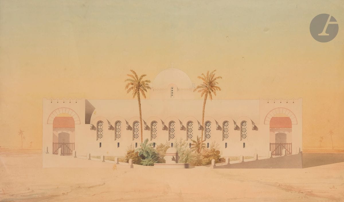 Attribué à Denis-Louis DESTORS 
(Gonesse 1816 - Choisy-Le-Roi 1882)
Projet de monastère, 1871
Aquarelle sur traits de crayon.
Monogrammée et datée en bas à droite.
(Enfoncement et taches).
55 x 93 cm