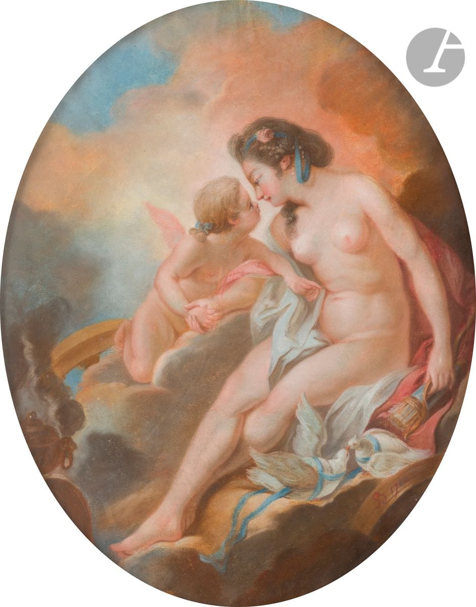 ÉCOLE FRANÇAISE du XVIIIe siècle
Diane et cupidon
Pastel sur parchemin.
Annoté postérieurement en bas : « FB ».
62 x 50 (ovale).