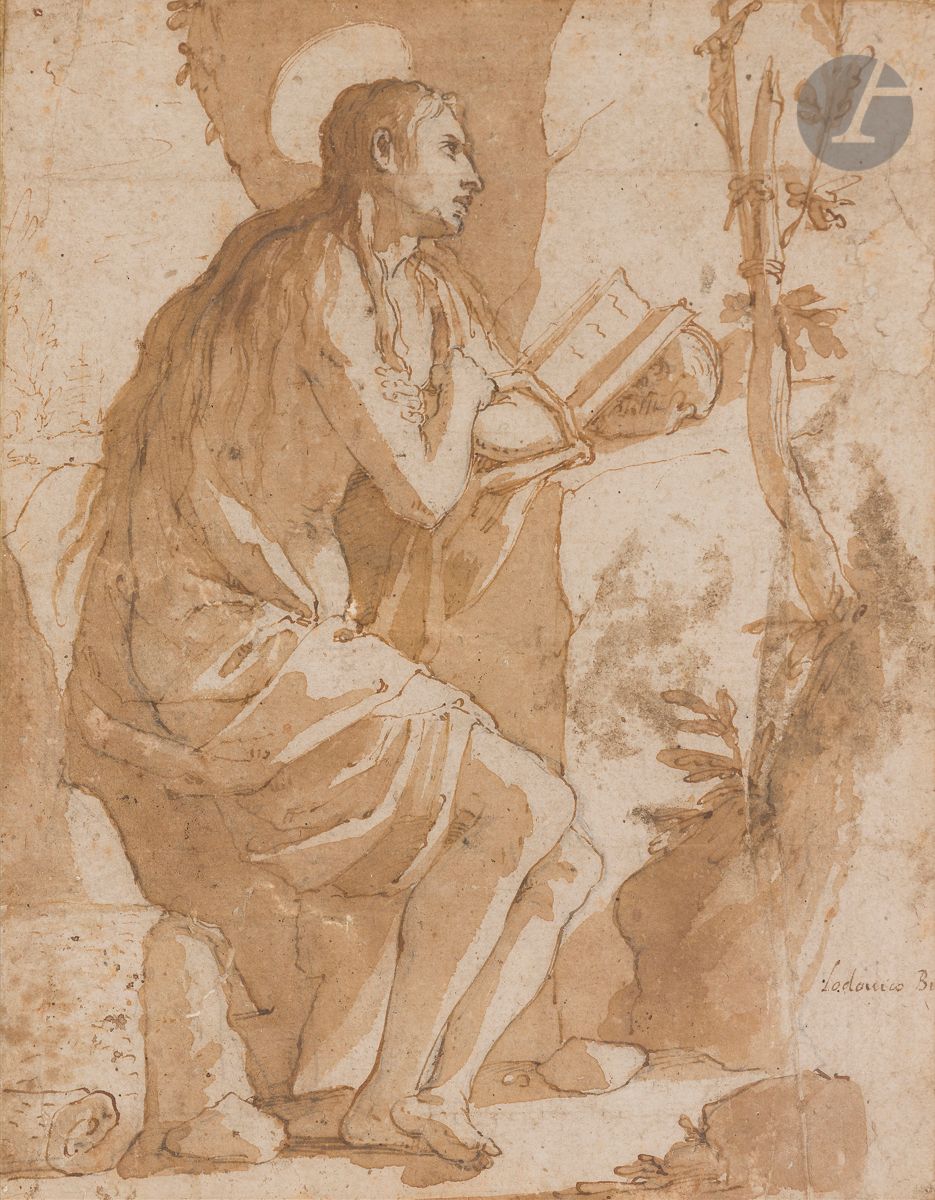Ludovico BUTI (Florence v. 1560 - 1611)
Sainte Marie-Madeleine en prière
Plume et encre brune, lavis brun sur traits de crayon noir.
Annoté sur la droite « Lodovico Buti ».
(Déchirures, manque à droite, pliures, taches).
25,8 x 20,3 cm

Provenance :
Vente Piasa, Hôtel Drouot, Paris, 5 juillet 2001.