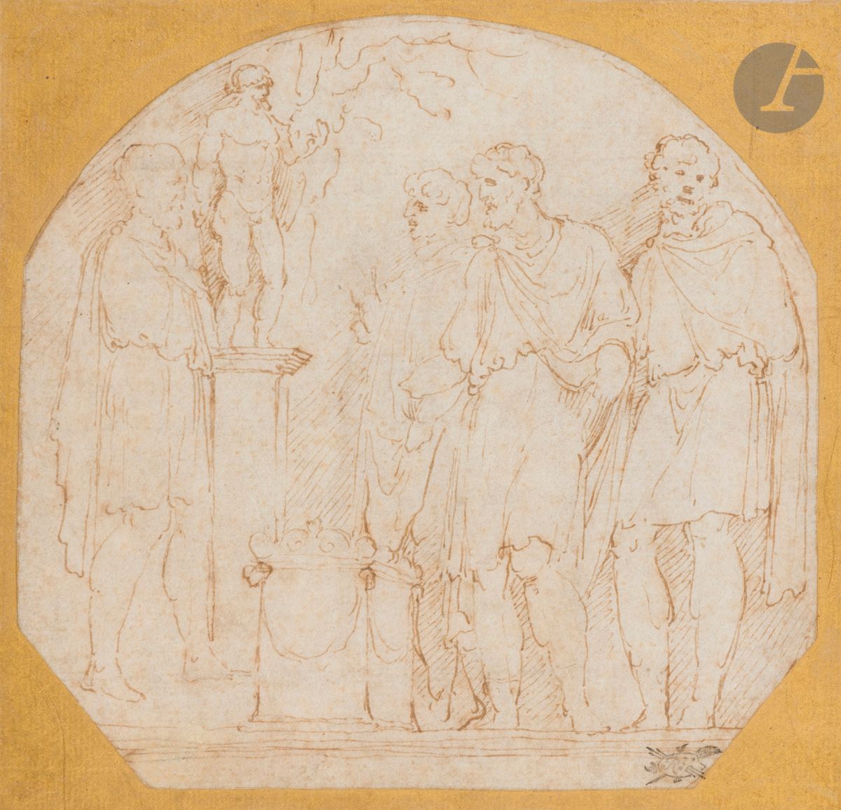Attribué à Girolamo da CARPI 
(Ferrare 1501-1556)
L’Empereur Trajan faisant un sacrifice au Dieu Sylvanus (étude d’après un bas-relief de l’arc de Constantin)
Plume et encre brune. 
(Cintré dans le haut, coins inférieurs coupés, dessin doublé).
13,5 x 14 cm

Anciennes annotations au verso à la plume et encre brune : « B.45/Ts.42/Given me by the Abbe Riario 1717/ taking from the Arc of Constantine. See Montfaucon, p.1, Tom.2, p.200 the Emp. Trajan sacrifizing to the God Silvanus / Polidoro./1492/1543/Girolamo da Carpi ».

Provenance : 
Ancienne collection J. Richardson Sr, son cachet en bas à droite (Lugt 2183).