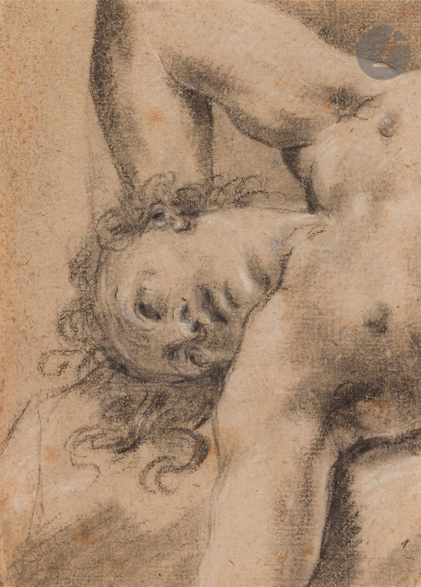 Attribué à Gaetano GANDOLFI 
(Catane 1792 - 1855)
Homme nu, fragment
Pierre noire, estompe et craie blanche.
17,5 x 12,5 cm