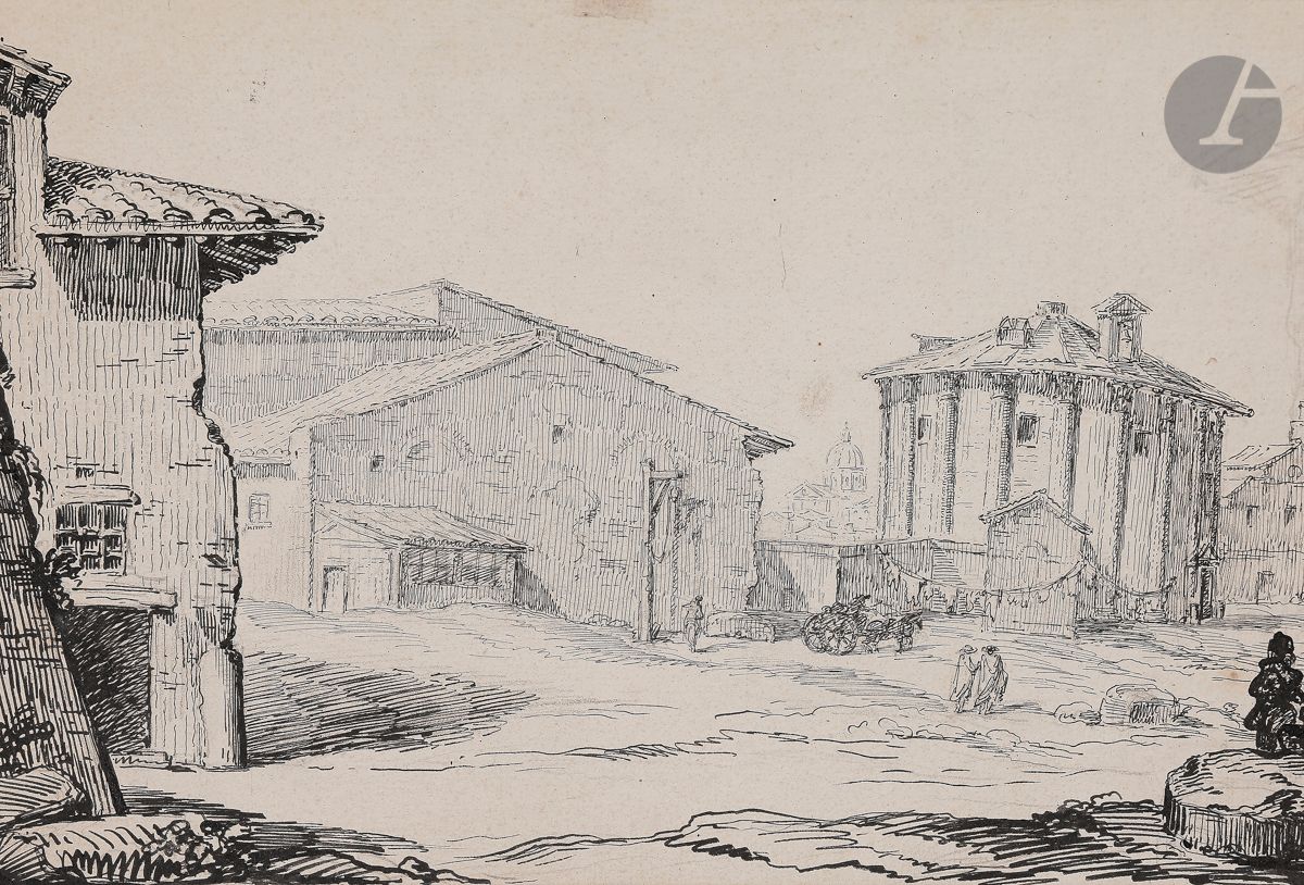 ÉCOLE FRANÇAISE de la deuxième partie du XVIIIe siècle
Vue animée du temple de Vesta
Plume et encre de Chine sur traits de crayon noir.
(Collé en plein sur son montage du XVIIIe siècle).
22,5 x 32,5 cm
