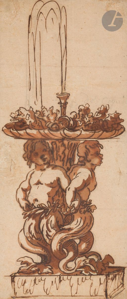 Charles-François de LA TRAVERSE (Paris 1726 - 1780)
Fontaine aux tritons
Plume et encre brune, lavis brun sur traits de crayon noir. 
(Petites pliures, encre ferro-gallique, inscription au centre au crayon noir).
27,3 x 11,7 cm