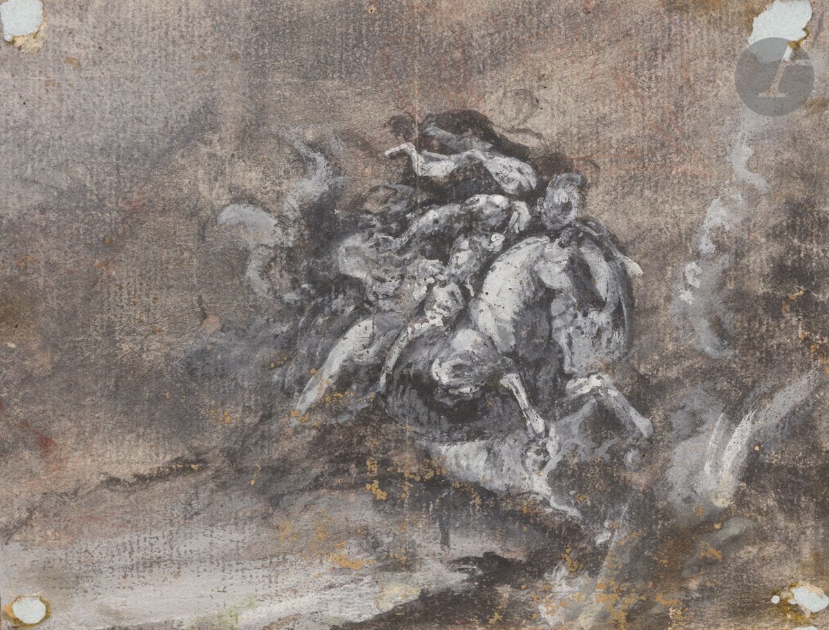 Attribué à Carlo Francesco NUOVOLONE (Milan 1608 - 1661)
Scène d’engagement de cavalerie
Lavis gris, huile et gouache blanche sur trait de crayon noir.
Dessin superposant une étude à la sanguine. 
Au verso, étude de trois angelots.
(Manque de matières, traces de gouache jaune, petites piqûres, petite déchirure en bas à gauche).
16 x 20,8 cm