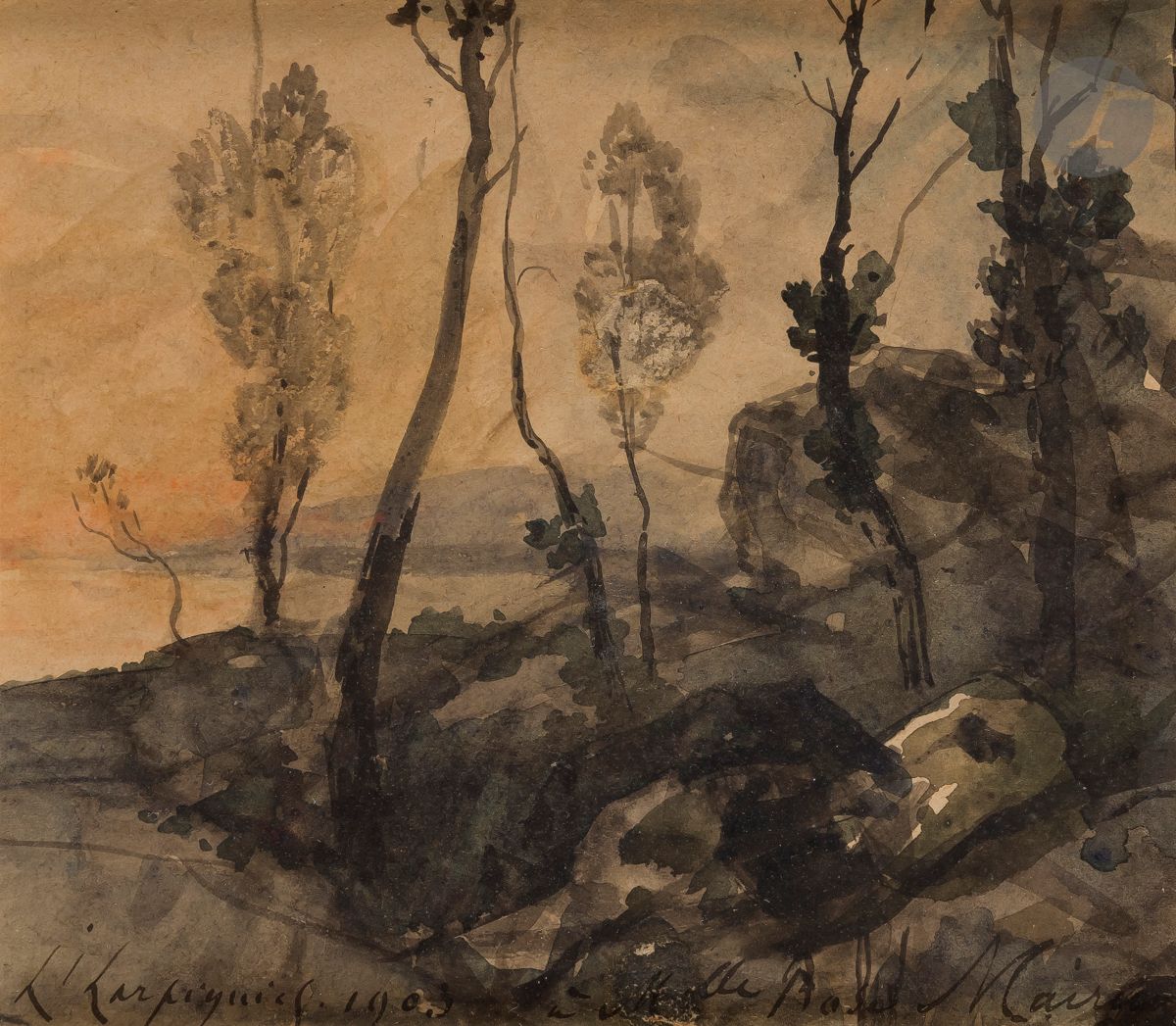 Henri Joseph HARPIGNIES (Valenciennes 1819 - Saint-Privé 1916)
Soleil couchant en méditerranée, 1903
Lavis d’encre.
Signé, daté et dédicacé à Mademoiselle Rose Maireau (compagne de l’artiste) en bas à droite.
13 x 17 cm

Nous remercions Monsieur Cappœn pour les informations qu’il nous a transmises.