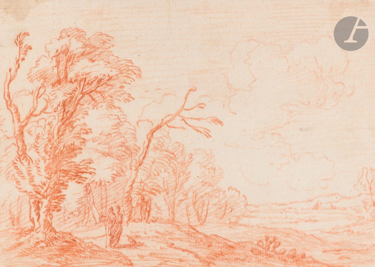 ÉCOLE FRANÇAISE du XVIIIe siècle 
Étude de femme nue accoudée
Sanguine, crayon noir et rehauts de craie blanche.
Annotations diverses et étude de main au verso.
(Pliure en haut à droite).
17,7 x 14,8 cm

On y joint un paysage animé à la sanguine