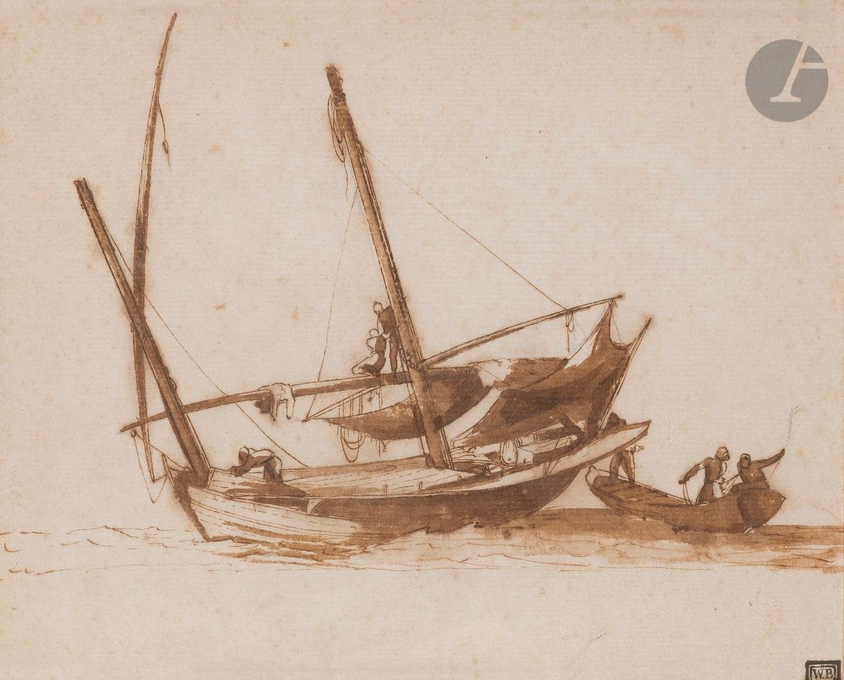 Filippo NAPOLETANO (Rome? 1587 - 1629)
Bateau de pêche avec marins
Plume et encre brune, lavis brun sur traits de crayon noir.
(Piqûres). 
16,2 x 20,1 cm

Provenance :
- William Bateson (1861-1926), professeur de botanique, Londres (son cachet de collection en bas à droite, Lugt 2604a).
- Sa vente, Sotheby’s, Londres 23-24 avril 1929.
- Sir John Clermont Witt (1907-1982), jurisconsulte et mécène, Londres.
- Vente Sotheby’s, Londres, 13 avril 1992, n° 205.

Bibliographie :
M. Chiarini, Teodoro Filippo di Liagno detto Filippo Napoletano (1587-1629), Vita et opere, Florence, 2007, n° 387, reproduit p. 461.

Le département des arts graphiques du musée du Louvre conserve deux dessins de même composition (cf. op. cit. cat. n° 310). Une photographie d’Antony Charles Robert Armstrong-Jones, 1st Earl of Snowdon (1930-2017), représente Sir John Clermont Witt (1907-1982) dans son salon où apparaît notre dessin (National Portrait Gallery, Londres).
