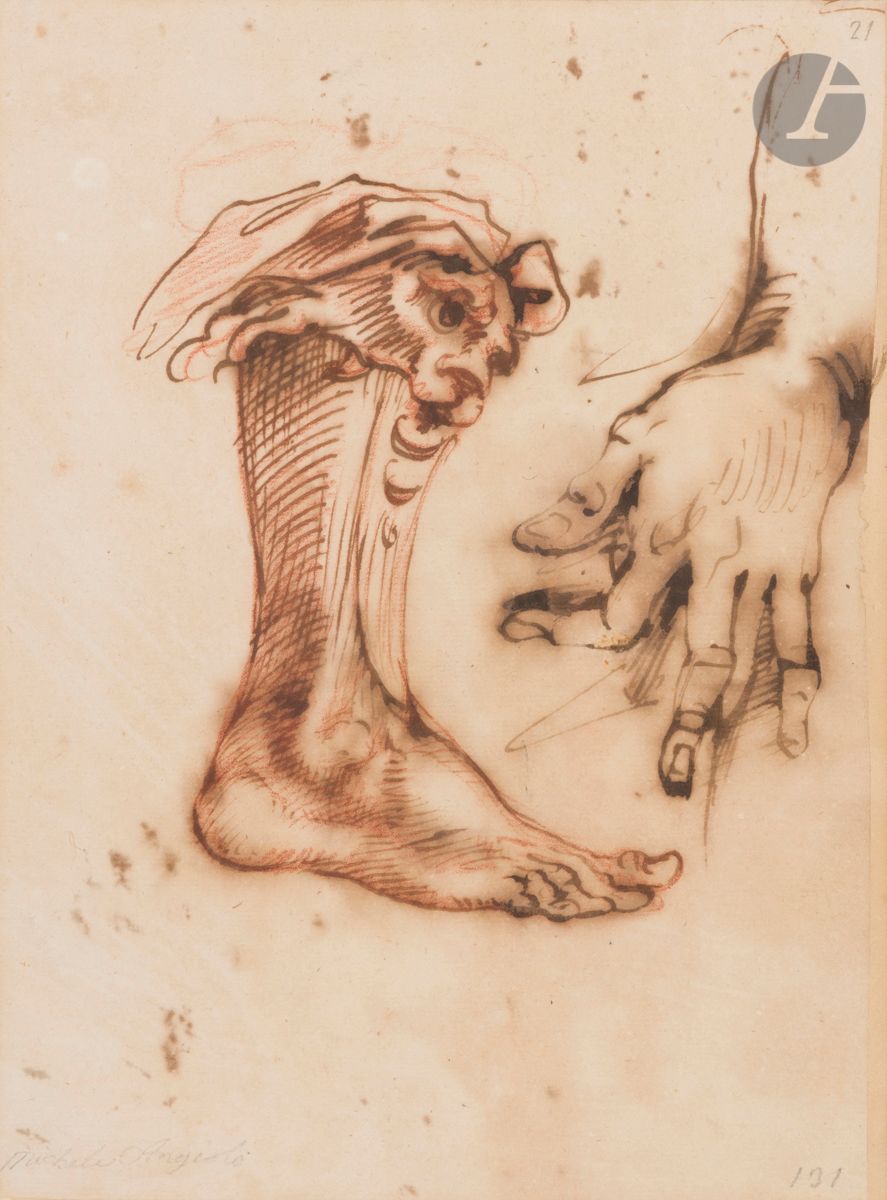 Cherubino ALBERTI 
(Sansepolcro 1553 - Rome 1615)
Étude de pied avec jambière et main
Plume et encre brune sur traits de sanguine.
Annoté « Michele Angelo » en bas à gauche
Numéroté 131 en bas à droite et 21 en haut à droite
(Taches, insolé, dessin doublé, légère déchirure sur le bord droit, petit manque sur la main).
24,6 x 17,6 cm

Provenance : 
- Chez H. Calman ; vente Sotheby’s, 1966.
- Ancienne collection Nicolas Landau, Paris, 1975.
- Vente Couturier Nicolay, 27 juin 1990, n° 39. 
- Vente Binoche et Giquello, 20 mars 2017, n° 52.

Hans Calman possédait un album qui fut dispersé par Sotheby’s en 1966. L’identification de l’auteur fut faite par Philipp Pouncey.