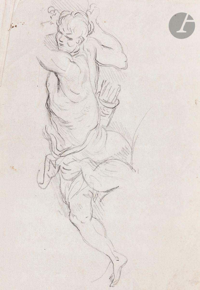 ÉCOLE FRANÇAISE du XVIIe siècle
Homme au carquois
Pierre noire.
(Pliures et rousseurs).
23,5 x 18 cm