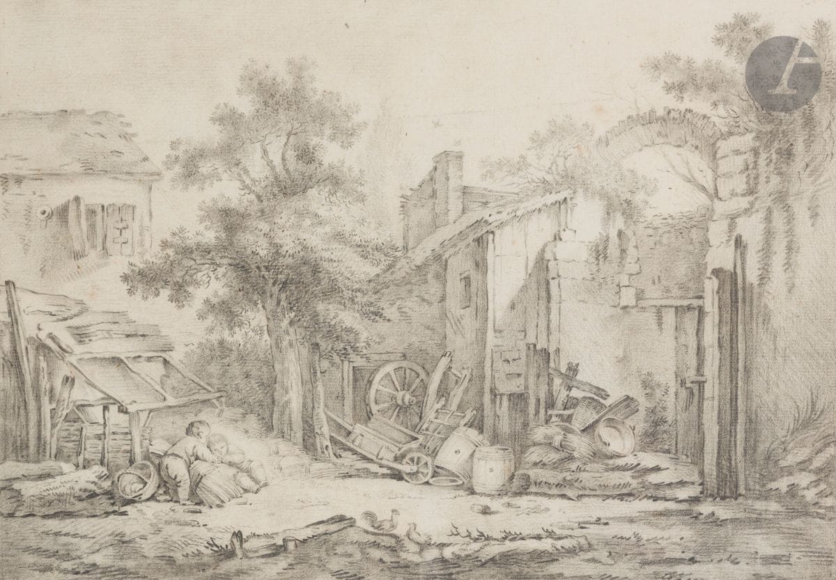 ÉCOLE de François BOUCHER 
(Paris 1703 - 1770) 
Paysage rural aux deux enfants
Crayon noir. 
(Pliures, petites déchirures, petites taches).
31 x 41,3 cm