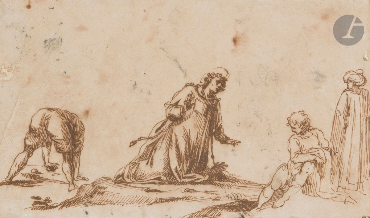 ÉCOLE NAPOLITAINE du XVIIe siècle
Étude de saint Étienne et figures
Plume et encre brune. 
(Trous, traces de crayon noir, taches).
14,9 x 25,4 cm
