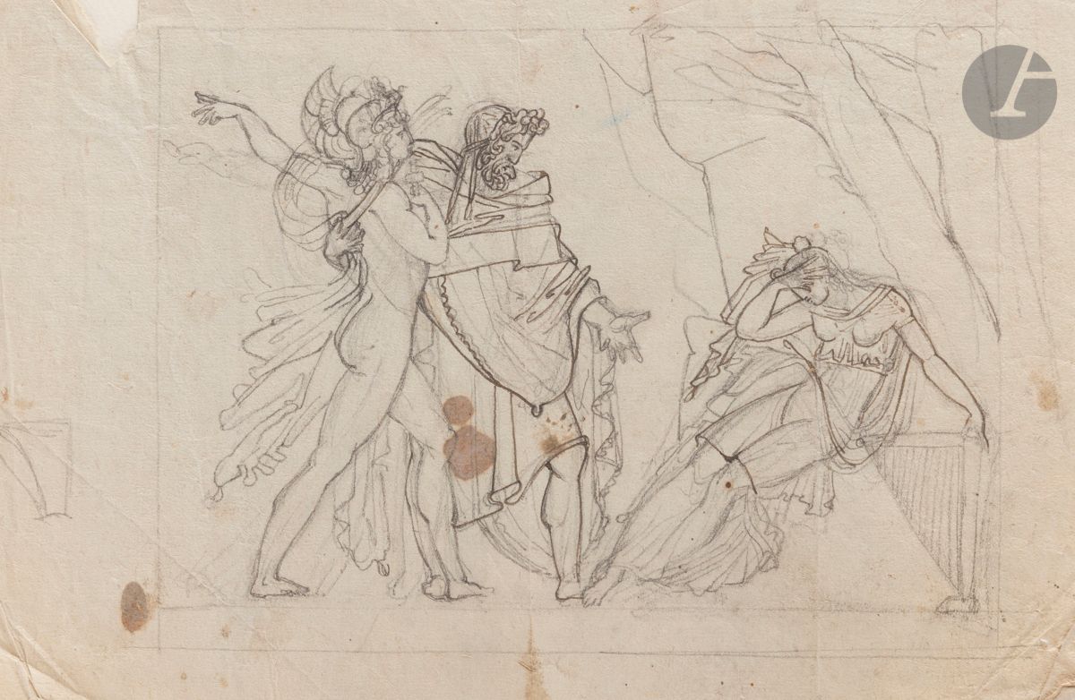Attribué à Anne-Louis GIRODET (Montargis 1767 - Paris 1824)
Scène de l’Énéide
Crayon noir, plume et encre brune.
20 x 30 cm