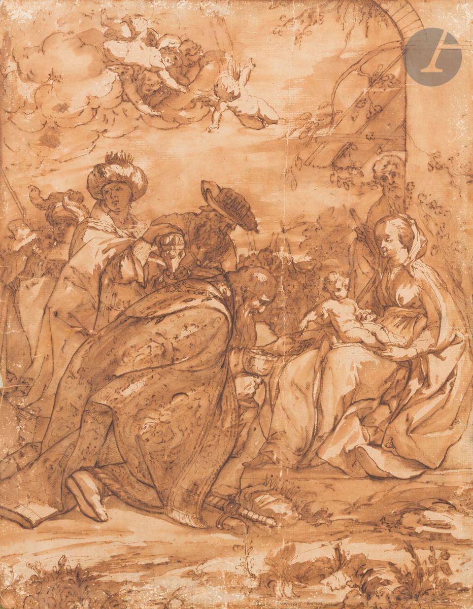 ÉCOLE FLAMANDE du XVIIe siècle
L’Adoration des mages d’après Véronèse
Plume et encre brune, lavis brun.
Annotée dans le bas « Pauolo Veronesÿ de... ? ».
Cachet de collection non identifié en bas à droite.
(épidermures, déchirures sur les bords, dessin doublé, déchirure et pliure verticale au centre, petit manque au bord et coin inférieur gauche).
46 x 35,8 cm