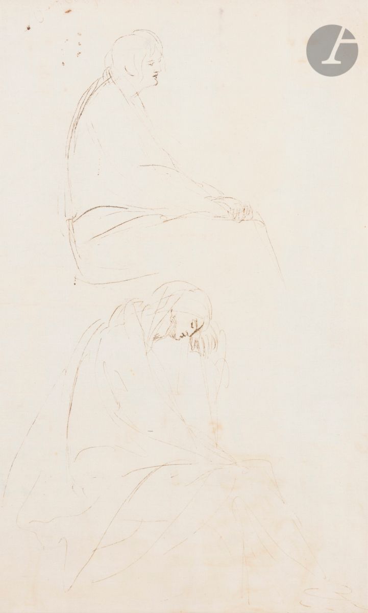Georges ROMNEY (Dalton-in-Furness 1734 - Kendal 1802)
Deux figures assises et une feuille d’études diverses
Plume et encre brune sur carton toilé. 
(Petites taches, petites rousseurs, petite pliure dans le haut et petite épidermure en haut à droite).
42 x 24,8 cm - 43,7 x 28 cm