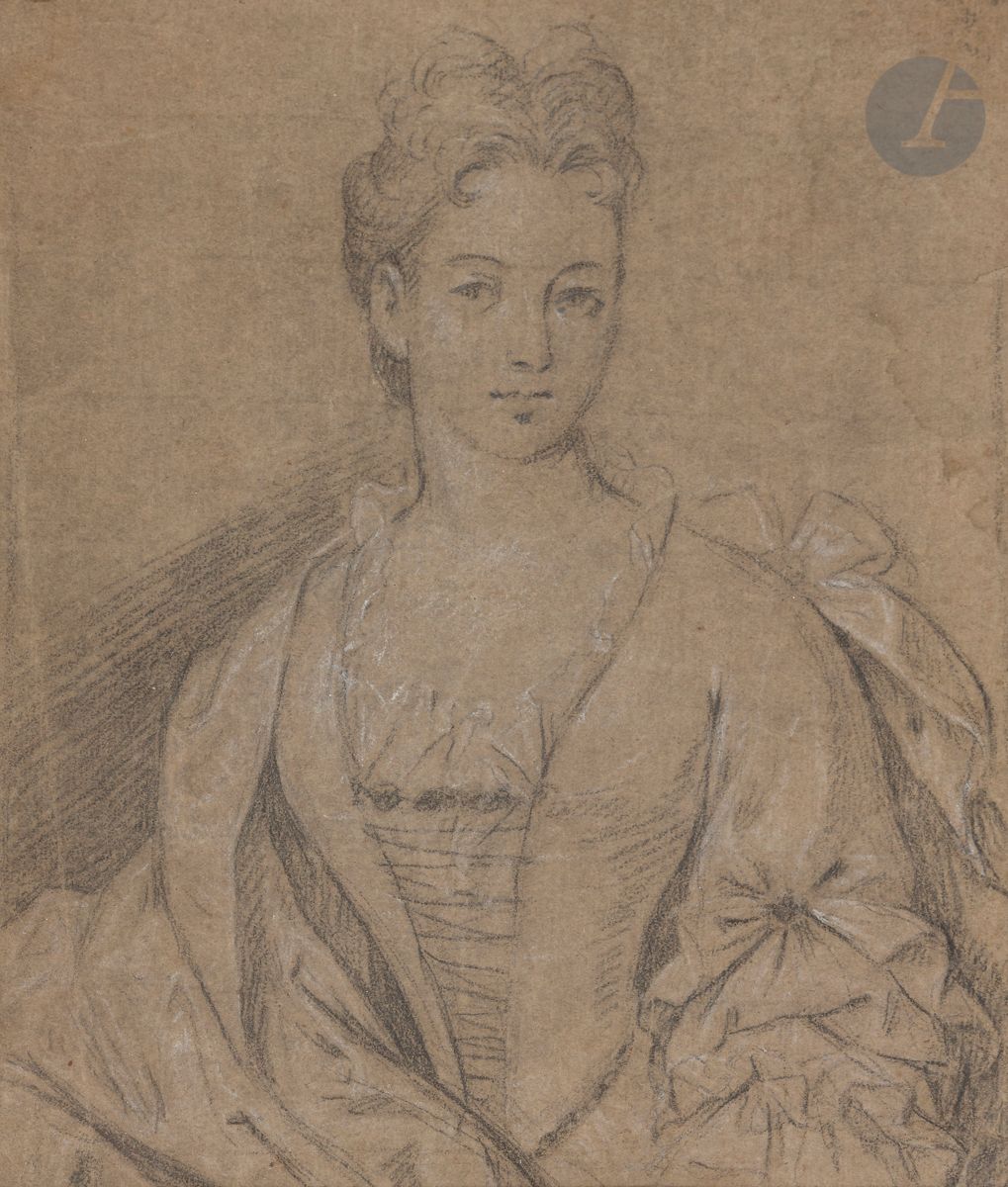 ÉCOLE FRANÇAISE vers 1700
Portrait de femme à mi-corps
Crayon noir et rehauts de craie blanche sur papier gris.
(Mouillures en haut à droite, pliure sur la gauche, petite déchirure en bas à droite).
21,7 x 18,5 cm