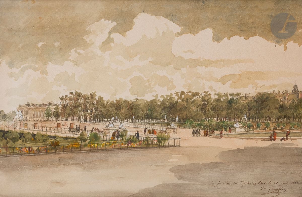 Léon Jean-Baptiste SABATIER 
(c.1827-1887)
Vue du jardin des Tuileries, 1886
Aquarelle gouachée.
Signée, datée et située en bas à droite.
23 x 34 cm