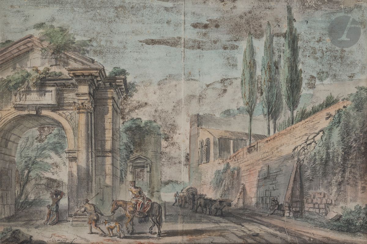 Jean-Baptiste LALLEMAND 
(Dijon 1716 - Paris 1803)
Rue animée en Italie
Plume, encre brune et grise, aquarelle gouachée.
Signée indistinctement dans le bas.
(Pliure et gouache blanche oxydée).
24x35 cm