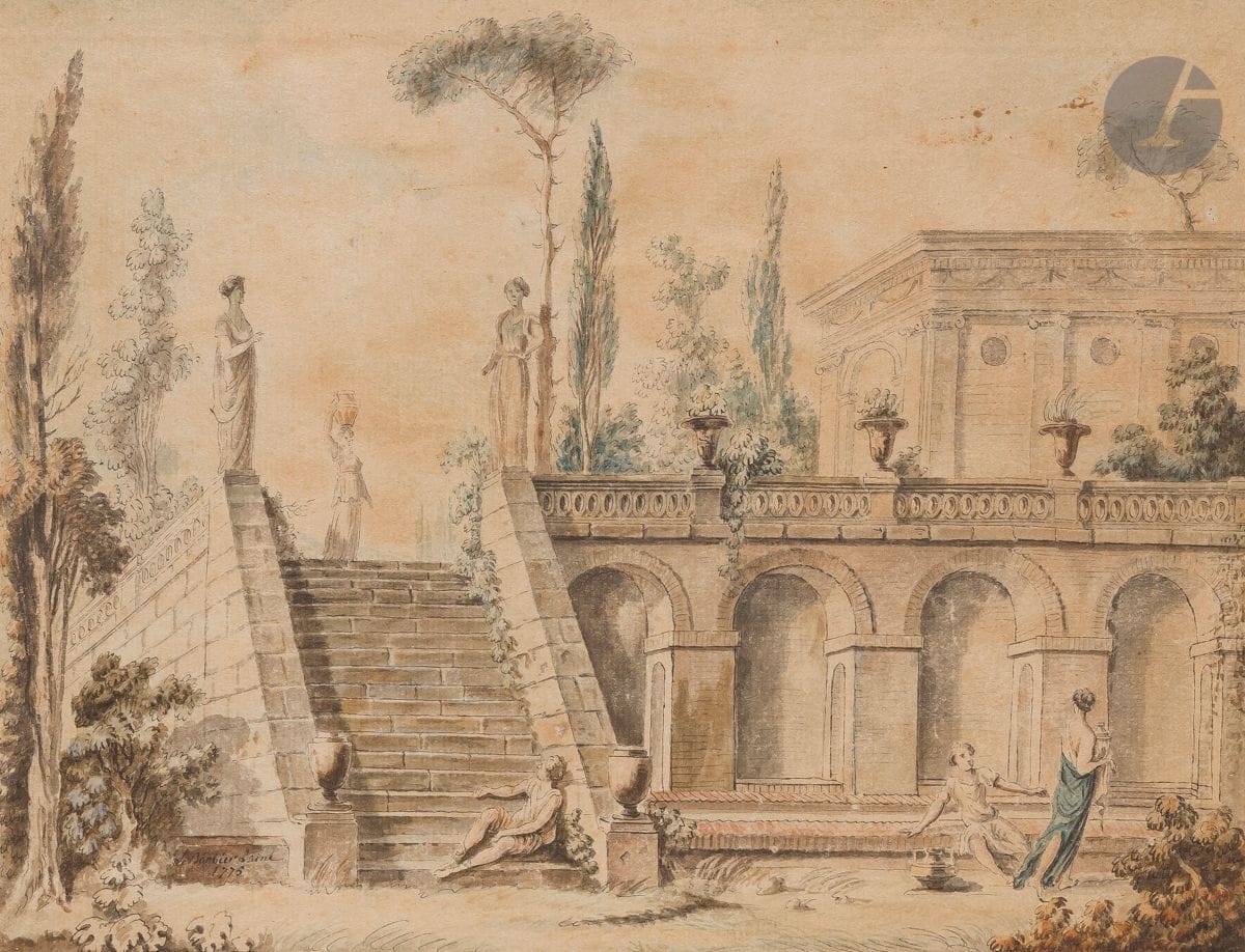 LE BARBIER L’Aîné (Rouen 1738 - Paris 1826)
Terrasse en Italie, 1775
Aquarelle.
Signée et datée en bas à gauche.
(Insolé et taches).
22 x 29 cm