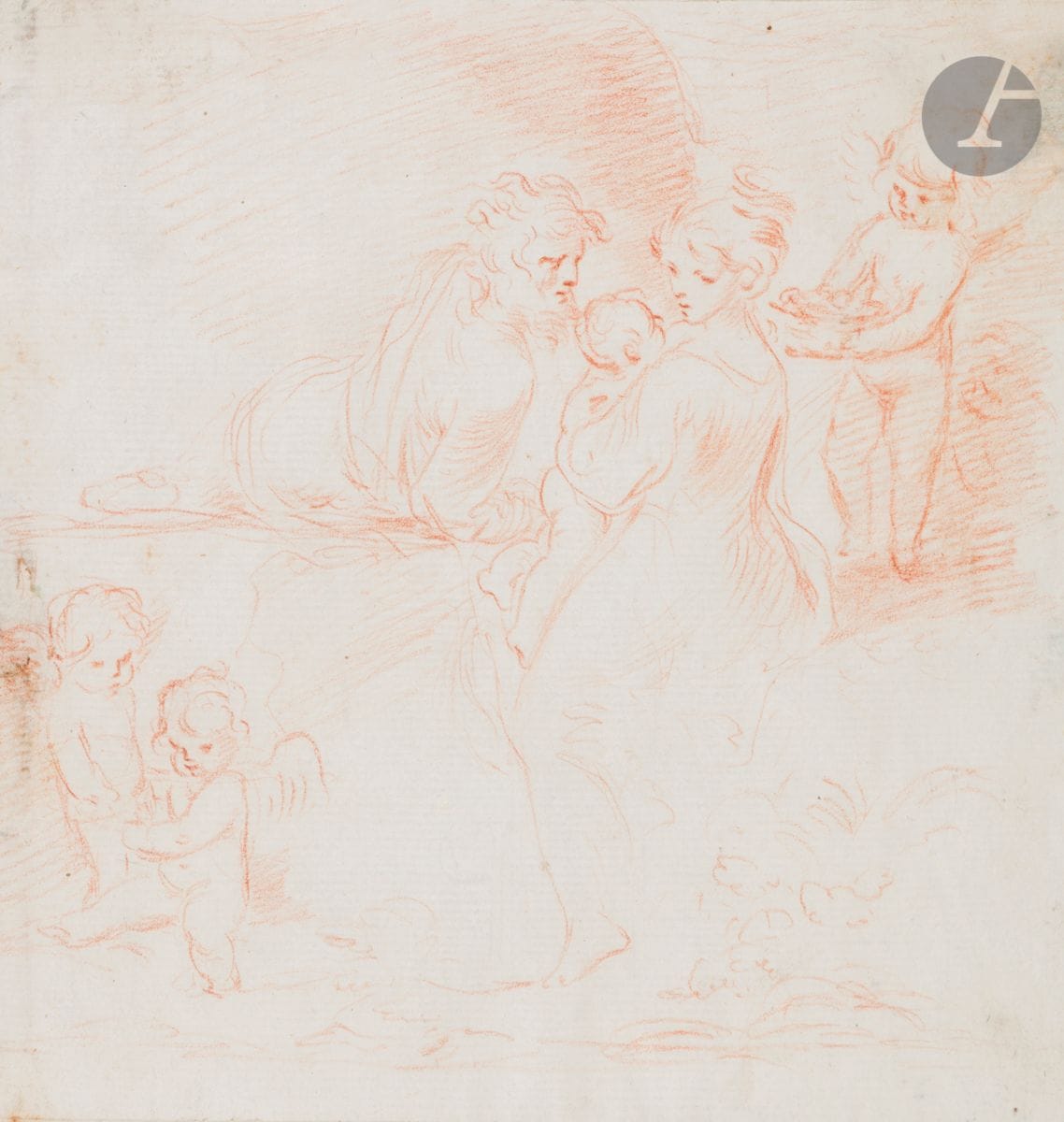 ÉCOLE FRANÇAISE du XVIIIe siècle
Sainte Famille d’après un maître
Sanguine. 
(Petites taches, petite déchirure sur la gauche).
17,5 x 16,9 cm