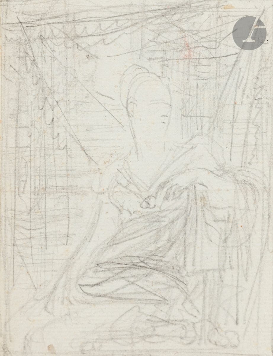 François GÉRARD, dit Baron Gérard (Rome 1770 - Paris 1837)
Étude de femme assise
Crayon noir sur papier bleu. 
Étude de portrait d’homme au verso
Annoté « Baron Gérard « sur le montage et au verso.
Numéroté 124 au verso.
(Pliure centrale et horizontale, petites taches dessin doublé, traces de sanguine dans le haut).
13,5 x 11 cm

On y joint une étude de femme du XIXe siècle