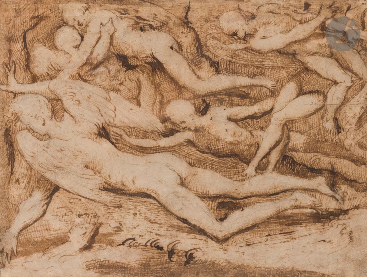 Le Maître des Diableries du Victoria and Albert Museum (Italie, XVIe siècle)
Les Anges dérangeant les âmes des damnés
Plume et encre brune sur traits de pierre noire. 
(Déchirures, manque sur la partie supérieure, pliures).
26 x 32,7 cm

Provenance : 
- Vente Christie’s, Londres, 26 mars 1974, n° 61.
- Ancienne collection Ian Woodner.
- Vente Christie’s, Londres, 7 juillet 1992, n° 23.

Exposition :
Woodner Collection I, Selection of old drawings before 1700, New-York - Los Angeles, 1971, n° 16, reproduit.

On connaît deux dessins de la même main au Victoria and Albert Museum, un autre au British Museum et un dernier dans la collection Scholtz (opus cité supra, n° 16).

Une attribution de ce groupe de dessins à Lattanzio Gambara a été suggérée par Mario di Giampaolo et Giulio Bora.