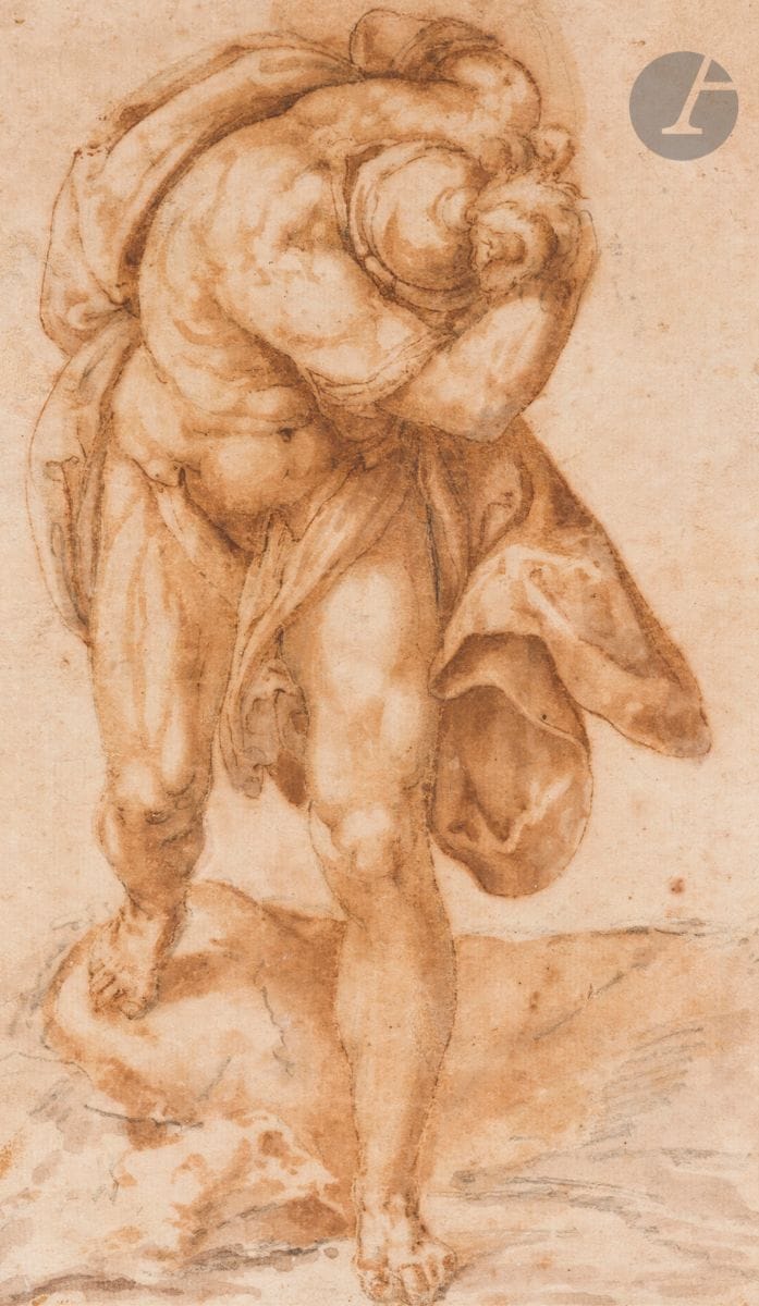 Atelier de Taddeo ZUCCARO (Sant’Angelo in Vado 1529 - 1566 Rome)
Guerrier aveuglé par la lumière du Christ apparaissant à saint Paul
Plume et encre brune sur traits de crayon noir, lavis brun.
Passé au stylet en vue d’un report.
Annoté au verso du doublage : « n° 240 Disegno del Zuccari », « 67 », « n° 35 » et signature à l’encre violette « ZUCCARRO ».
27,6 x 16,6 cm

Provenance :
Vente Piasa, Hôtel Drouot, Paris, 17 décembre 1999, n° 6.

Étude de figure en rapport avec la fresque de La Conversion de saint Paul exécutée dans la chapelle Frangipani de San Marcello in Corso à Rome (voir : C. Luchinat, Taddeo e Federico Zuccari, Éditions Jandi Sapi, vol.1, p. 69).
