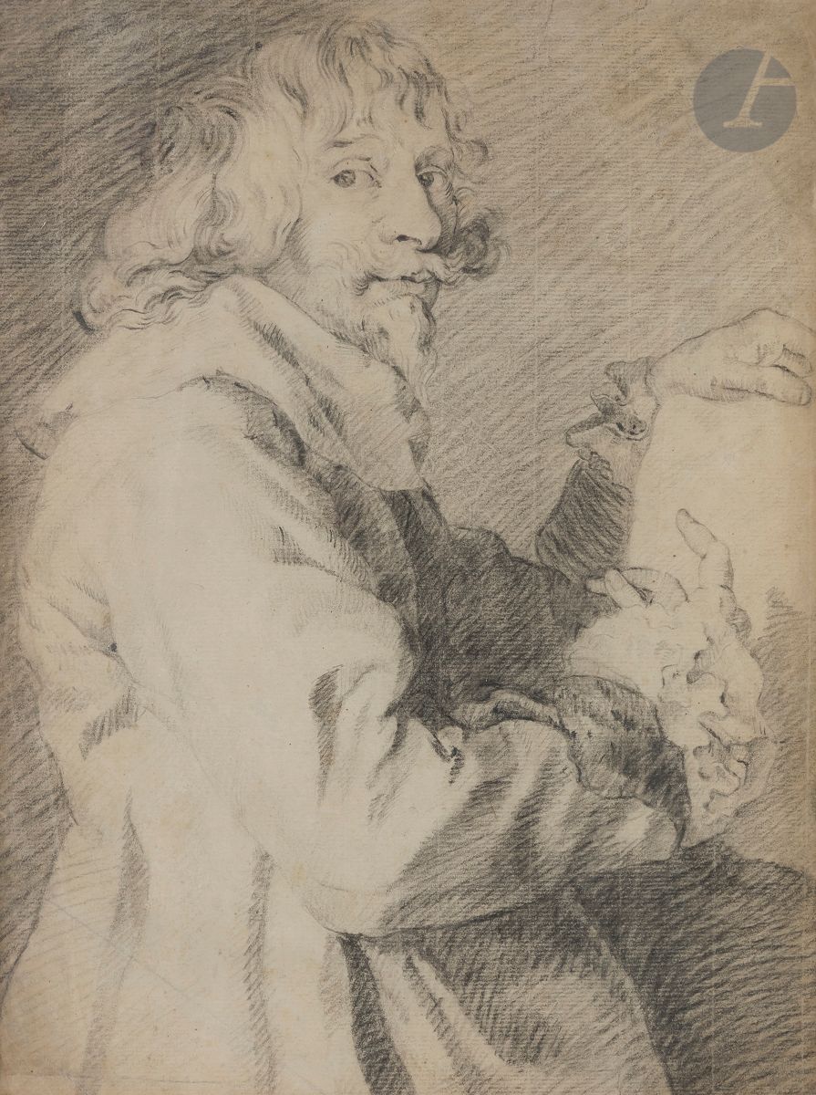 ÉCOLE FLAMANDE du XVIIIe siècle
Portrait d’artiste d’après Anton van Dyck
Pierre noire. 
Attribution à C. Visscher sur le montage. 
(Pliures aux deux coins gauches, petite épidermure sur la gauche, petites taches et rousseurs).
32,8 x 24,7 cm
