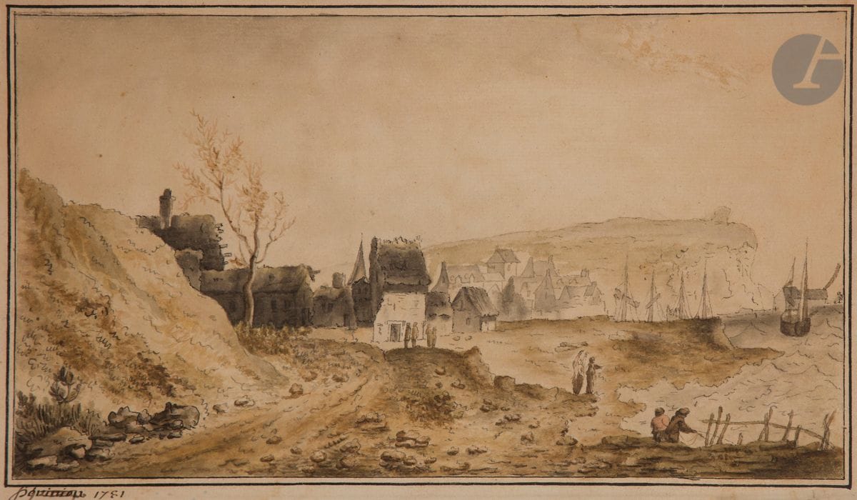 ÉCOLE FRANÇAISE du XVIIIe siècle
Vue du Tréport ?
Plume et encre grise, lavis brun et gris.
Annotée « Pérignon, 1781 » en bas à gauche sur le montage.
15 x25 cm