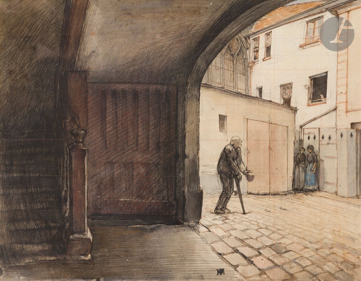Charles HEYMAN 
(Paris 1881 - Ablain-Saint-Nazaire 1915)
L’Impasse Saint-Gervais, vers 1910
Plume et encre noire, aquarelle sur traits de crayon noir, traces de pastel.
Mise au carreau à la sanguine.
Monogrammée en bas à droite (Lugt 3650).
22,5 x 28,7 cm

Notre dessin est une étude pour l’eau-forte du même titre de 1910, conservé à la Bibliothèque Nationale de France.