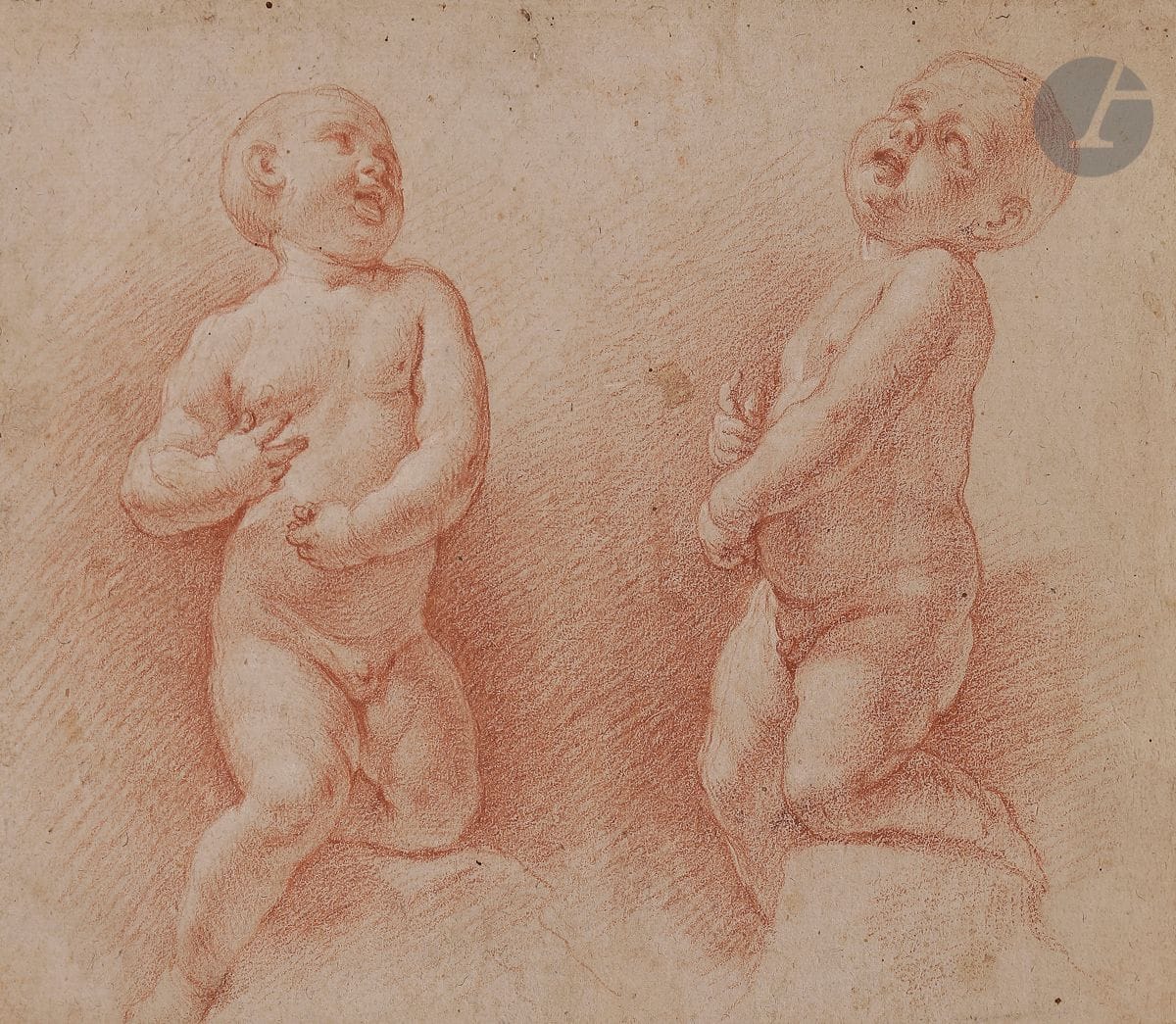 ÉCOLE FRANÇAISE du XVIIe siècle
Deux études d’enfants nus, projet de sculpture
Sanguine sur papier beige.
(Petites taches, collé en plein sur son montage).
20,2 x 23,8 cm