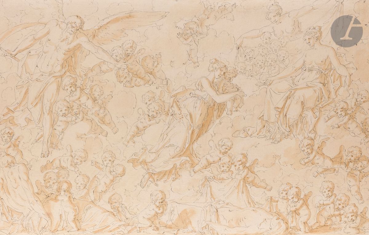 Louis-Félix DELARUE (Paris 1730 - 1777)
Scène allégorique
Plume et encre grise, lavis brun et crayon noir.
(Doublé).
26,3 x 42 cm