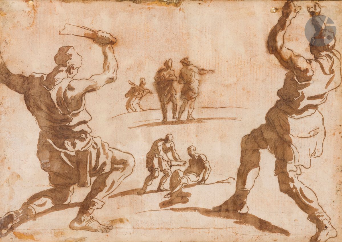 ÉCOLE NAPOLITAINE du XVIIe siècle
Deux études de bourreaux de dos et personnages en perspective
Plume et encre brune, lavis brun.
(Feuille gondolée, taches, pliures, déchirures).
18,8 x 26,6 cm
