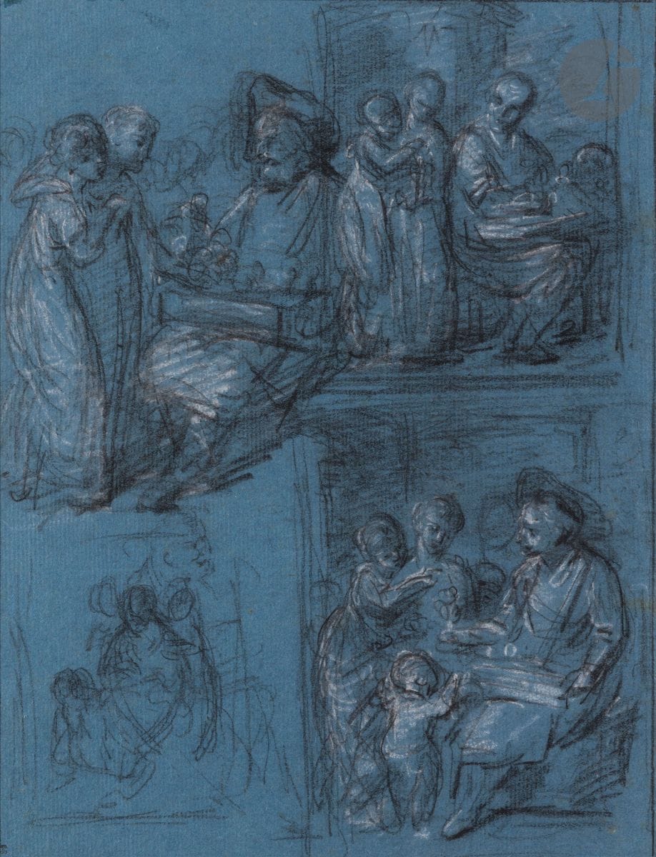 Dominique VIVANT DENON 
(Chalon-sur-Saône 1747 - Paris 1825)
Marchand de statuettes
Crayon noir, craie blanche sur papier bleu.
Une étude au verso.
27 x 20,5 cm

Provenance : 
Collection Marquis Philippe de Chennevières, son cachet en bas à gauche (Lugt 2073).

Bibliographie: 
L.A. Prat et L. Lhinares, La Collection Chennevières, Quatre siècles de dessins français, Paris, 2007, T203.