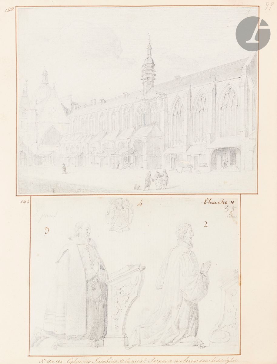François Jean GARNERAY (Paris 1755 - 1837)
Album de vues de Calais, Corbeil, Gisors, Lille, Paris, Rouen, Vincennes...

«Garneray (François Jean) né à paris le 28 Décembre 1755, fut élève de David, et peignait le genre, les fleurs et le portrait.
Il eut pour les vieux monuments la prédilection de Mr Dussommerard pour les vieux meubles, et il entreprit de nombreux voyages pour dessiner des églises, des châteaux, des sculptures anciennes, afin de les soustraire autant qu’il dépendait de lui au vandalisme des démolisseurs.
C’est à ce goût que l’on doit la collection de dessin ci-jointes, dont quelques-uns ont été gravés notamment dans un ouvrage intitulé: les Antiquités nationales et dans les œuvres de Dulaure; ils sont tous remarquables par le fini de leur exécution et par leur exactitude scrupuleuse.
Cette collection a été achetée à la vente de Garnenay par un de ses amis, Mr Maigret, amateur éclairé des arts, qui pour honorer la mémoire du vieil artiste, les a réunis et mis en ordre dans cet album.
François Jean Garnenay est mort à Paris le 11 juin 1837.
Garnenay (Auguste) peintre d’aquarelle, mort à paris le 16 mars 1824.
Garneray (Louis) peintre de Marine,
Garneray (Hippolyte) peintre de genre et d’aquarelle.
J.A 1838.»