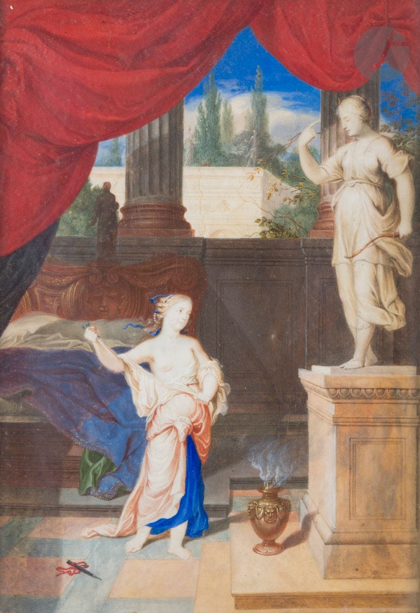 Attribué à Jean COTELLE le Jeune (Paris 1642 - Villiers-sur-Marne 1708)
Lucrèce
Gouache sur vélin tendu sur panneau. 
(Tache). 
17,9 x 12,1 cm