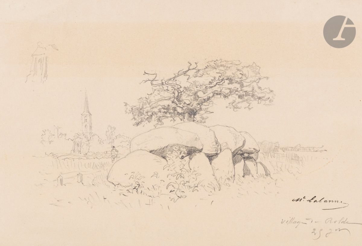 Maxime LALANNE 
(Bordeaux 1827 - Nogent-sur-Marne 1886)
Paysage rural aux rochers
Crayon noir.
Signé, daté, et situé « Village de Rolbe » en bas à droite.
(Traces d’insolation dans le haut)
18,4 x 27,1 cm