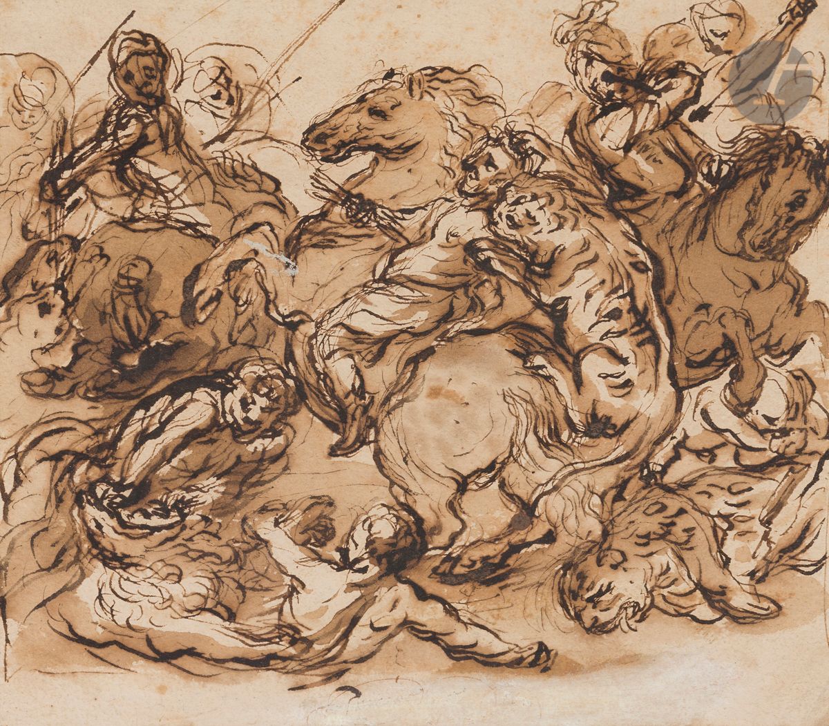ÉCOLE FRANÇAISE du XVIIIe siècle
La Chasse au tigre d’après Rubens
Plume et encre brune, lavis brun.
16,5 x 18 cm

D’après le tableau de Rubens conservé au musée de Rennes.
