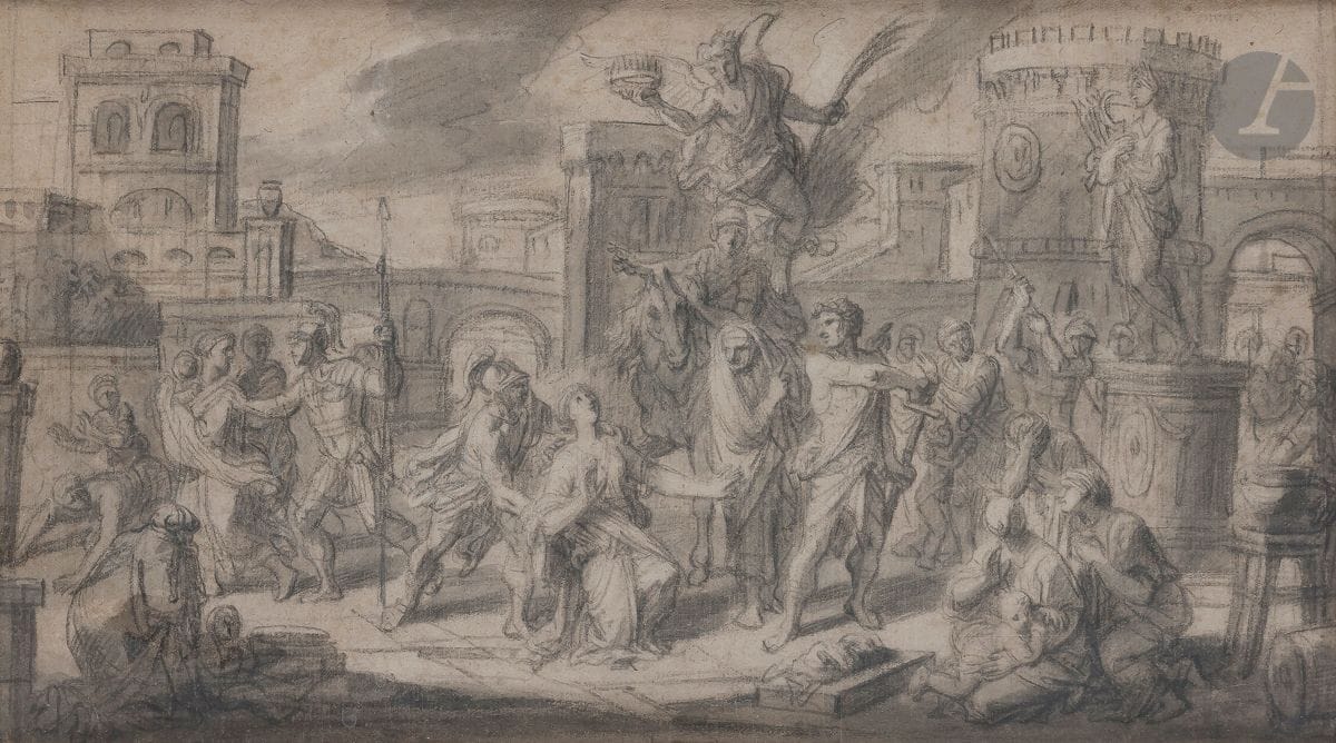 François VERDIER (Paris 1651 - 1730)
Vénus et Vulcain - Scène de l’histoire ancienne
Paire de crayons noirs et lavis bruns.
32 x 25 cm