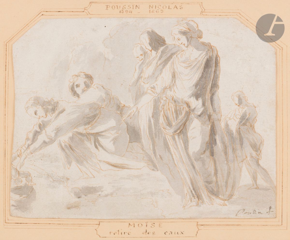 ÉCOLE FRANÇAISE du XVIIe siècle
Étude pour Moïse sauvé des eaux
Plume et encre brune, lavis gris.
Annotée : « Poussin f. » en bas à droite. 
(Coins supérieurs coupés).
14 x 18,5 cm