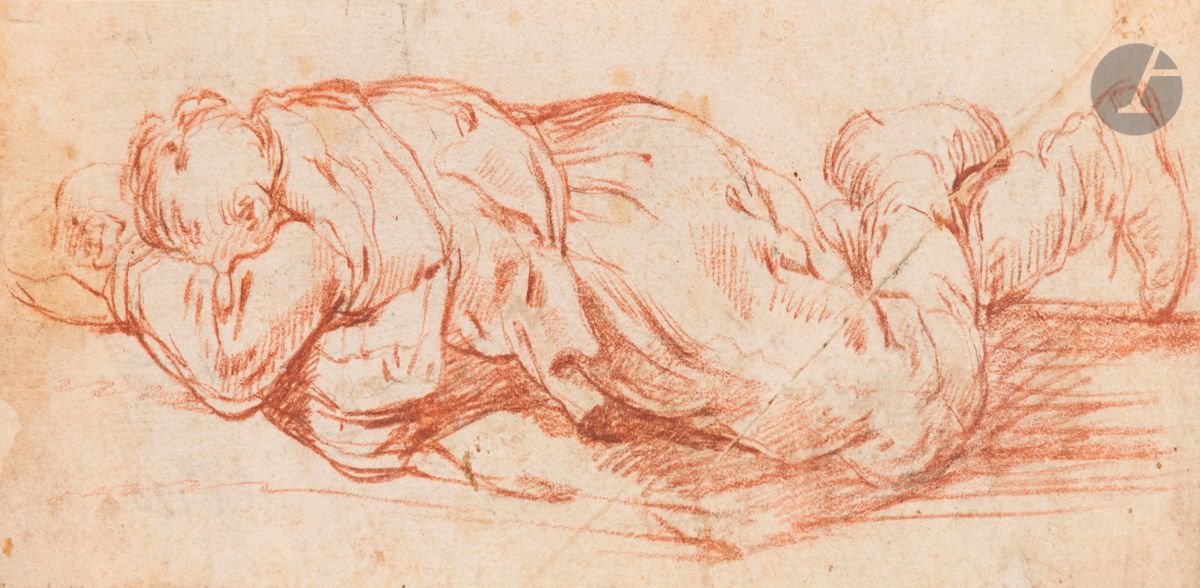 ÉCOLE FLAMANDE du XVIIe siècle
Homme allongé endormi
Sanguine sur traits de crayon noir.
Numérotée et attribuée à Bloemaert au verso.
(Petites déchirures, manque restauré à gauche, pliure sur la droite affichant des petits trous, taches).
8,5 x 21,7 cm

On y joint un dessin du XVIIIe siècle représentant deux personnages sur un feuillet, un paysage animé et un portrait d’homme au chapeau du XIXe siècle.