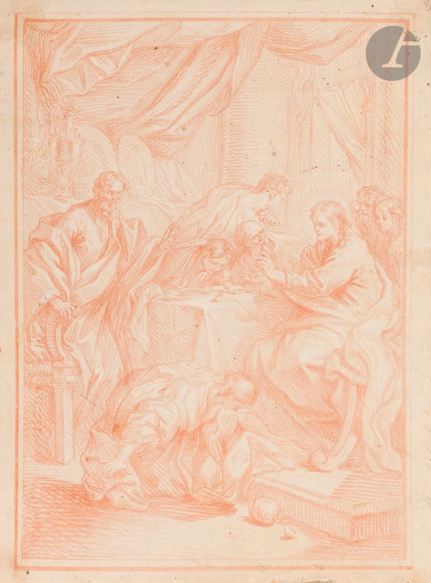 Benedetto LUTI (Florence 1666 - Rome 1724)
La Madeleine aux pieds du Christ
Contre-épreuve à la sanguine.
(Pliure au bord inférieur, petites taches, petite déchirure en bas à droite).
35,5 x 26,6 cm

On peut mettre en relation cette contre-épreuve avec le tableau du même titre conservé à l’Accademia di San Luca à Rome.