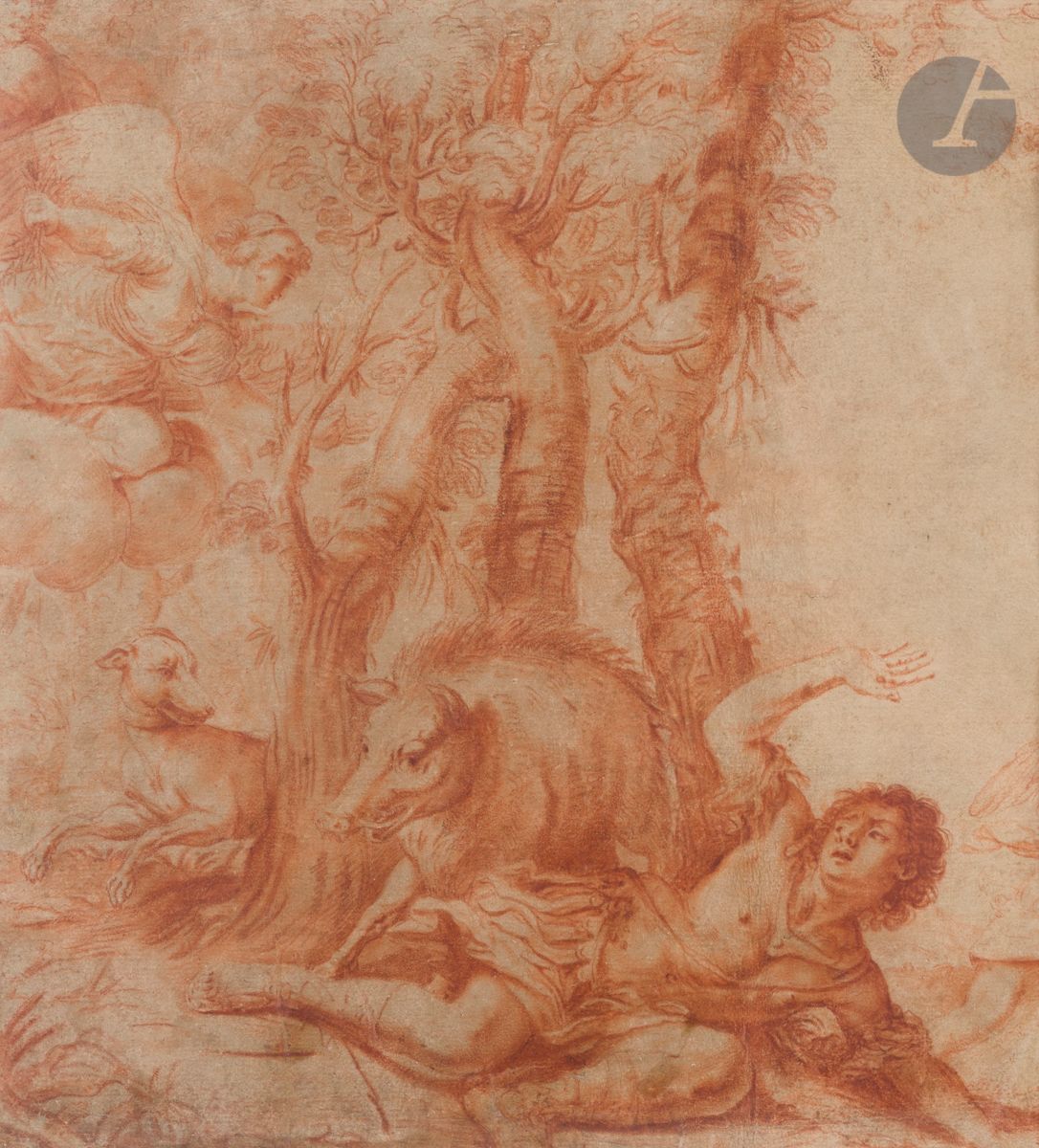 ÉCOLE BOLONAISE du XVIIe siècle, entourage de GUERCHIN
La Mort d’Adonis
Sanguine. 
(Dessin coupé).
33 x 32 cm

Provenance :
- Ancienne collection Burgi.
- Vente Phillips, Londres, 3 juillet 1996, n° 46.