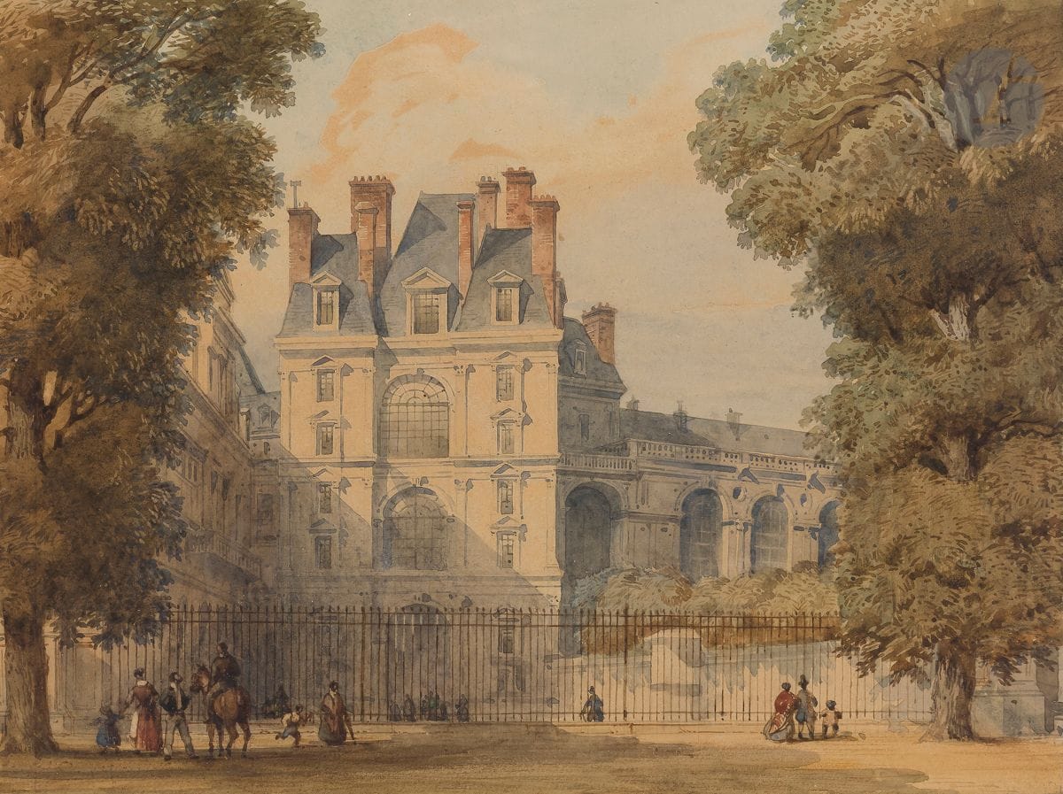 François Joseph NOLAU 
(Paris 1804 - 1883)
La Porte dorée à Fontainebleau
Aquarelle.
23,5 x 31,5 cm