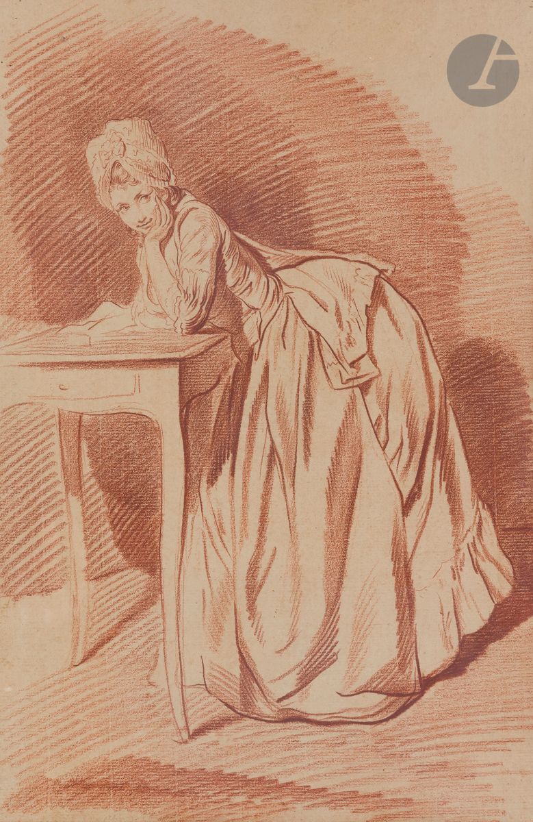 Louis-Roland TRINQUESSE (Paris 1746 - 1800)
Femme accoudée à une table
Sanguine.
(Collé sur son montage ancien).
36 x 24,5 cm
