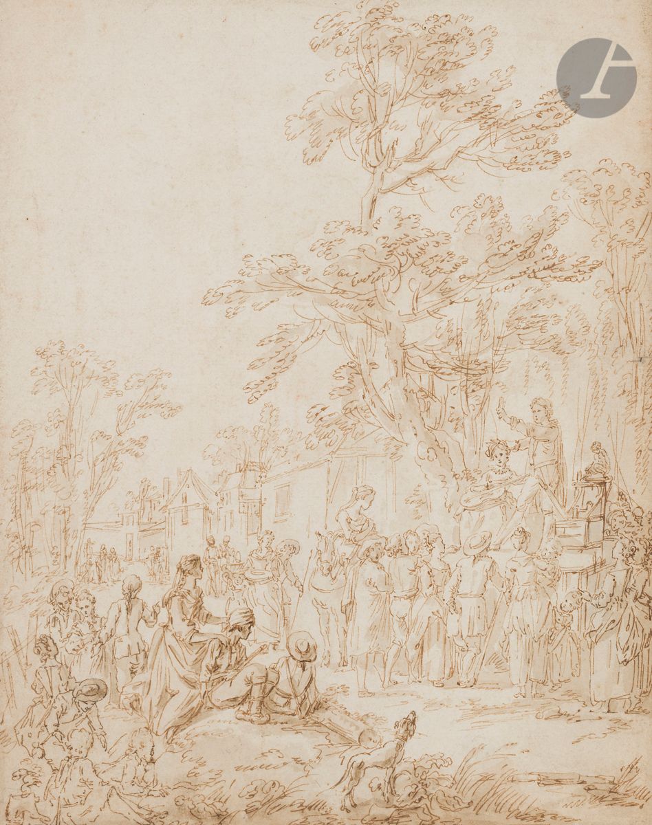 Attribué à Hubert-François GRAVELOT (1699 -1773)
Les Comédiens
Plume et encre brune, lavis brun.
Annotée au verso « cadeau à Pierre Hautot ».
Cachet à sec du monteur ARD.
30 x 24 cm