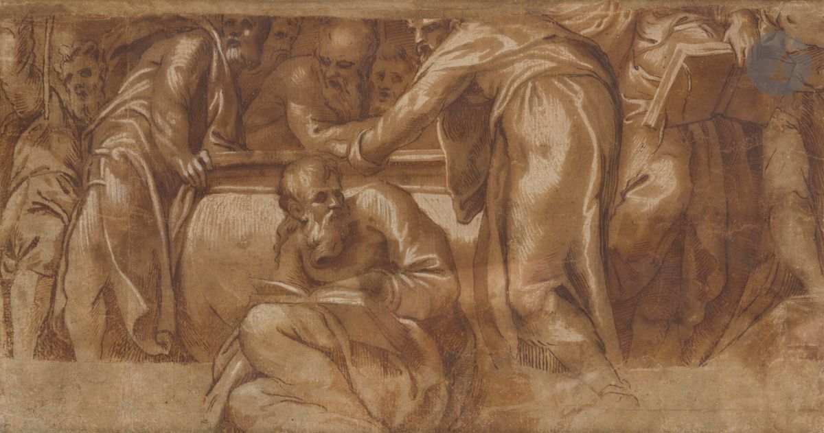 Paolo FARINATI (Vérone 1524 - 1606)
Les Apôtres au tombeau, fragment
Plume et encre brune, lavis brun et gouache blanche sur papier anciennement bleu.
(Manque important sur la partie supérieure, pliures, déchirures, coupé). 
20 x 38,4 cm