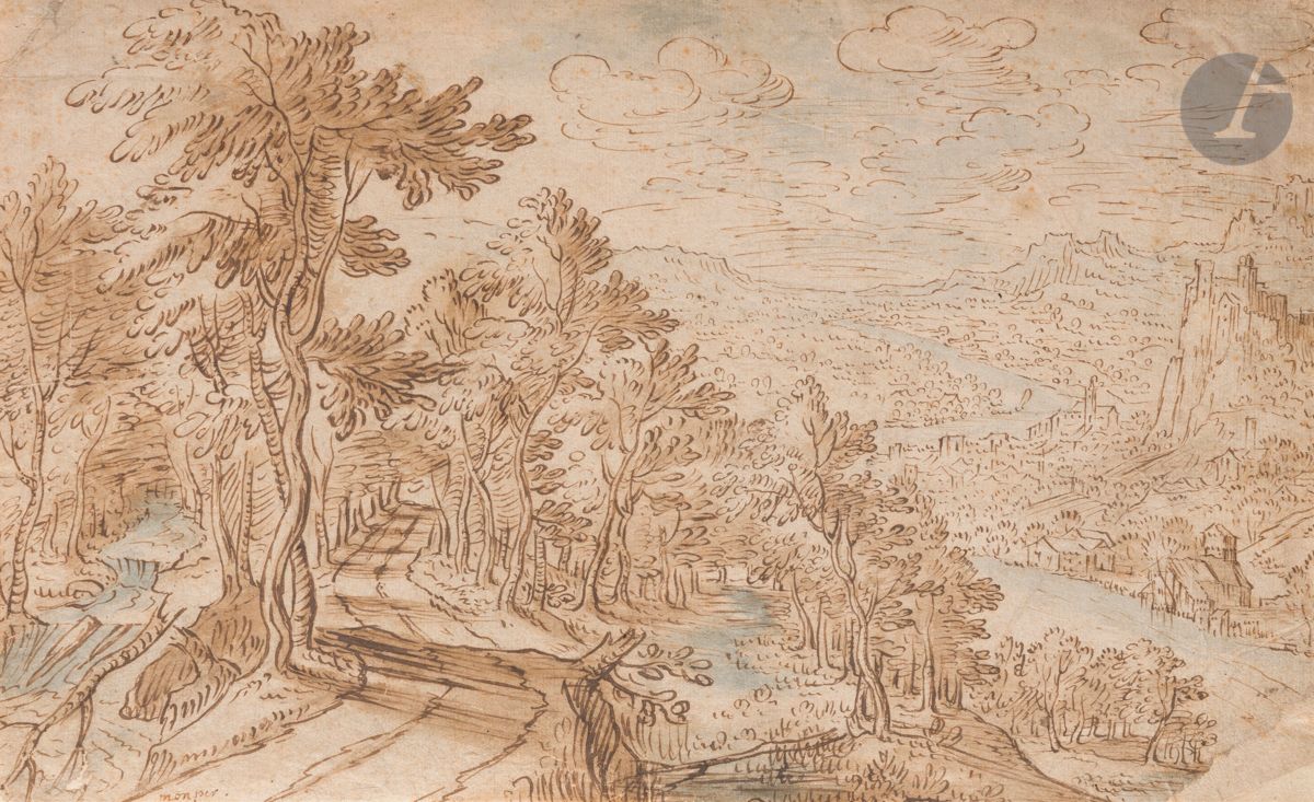 Attribué à Tobias VERHAECHT 
(Anvers 1561 - 1631)
Paysage italien
Plume et encre brune, lavis d’encre bleue et lavis d’encre brune.
Annotation en bas à gauche « Monper ».
Timbre de collection au dos.
Annotation « Verhaecht » au dos.
(Rousseurs et petites pliures).
22 x 35,5 cm