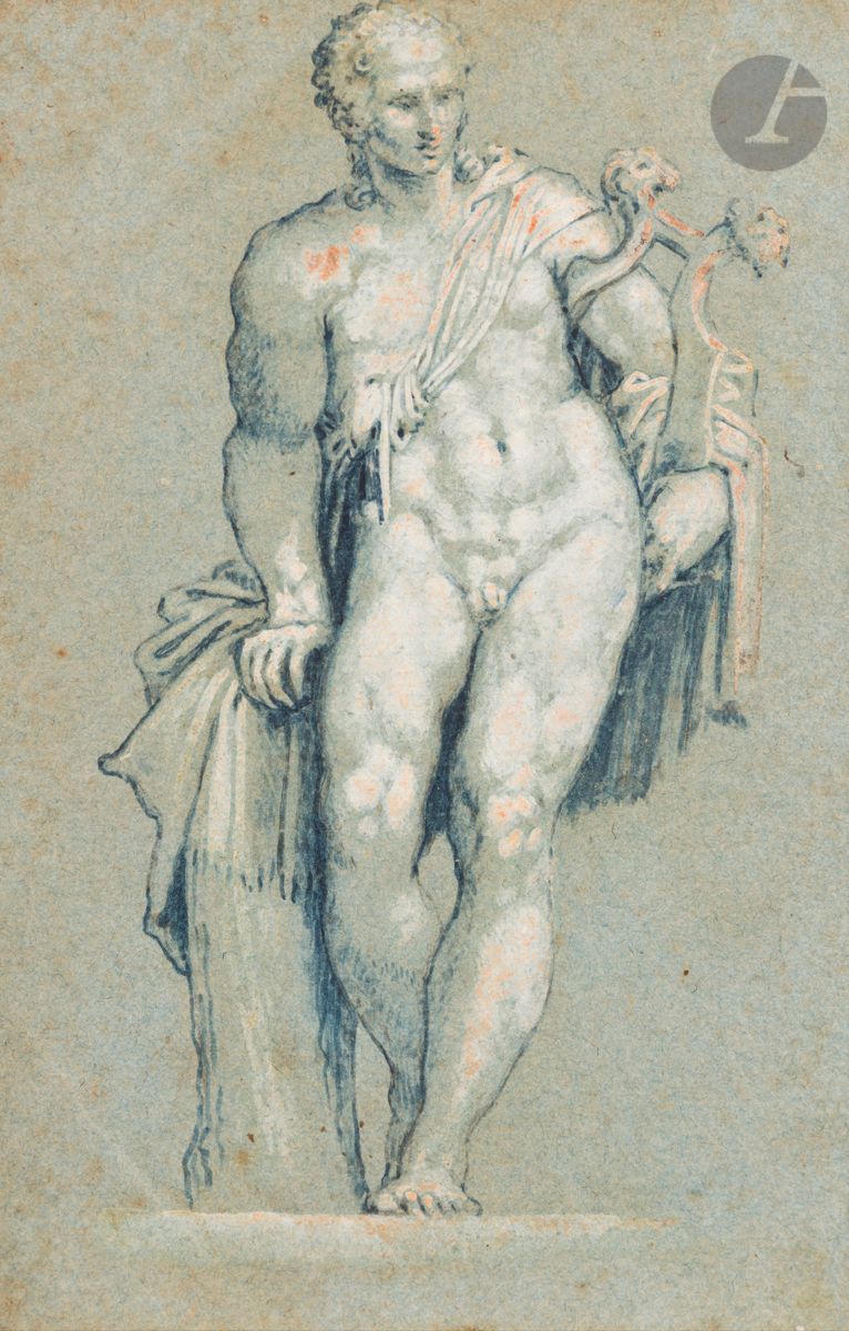 Attribué à Battista Zelotti 
(Vérone 1526 - Mantoue 1578)
Apollon
Plume et encre noire, gouache blanche sur papier bleu. 
(Pliures, rousseurs, papier gondolé, gouache oxydée, dessin doublé).
20,1 x 12,6 cm

Provenance :
Collection Z. Sagredo, son inscription à la plume au verso (Lugt 2103a).