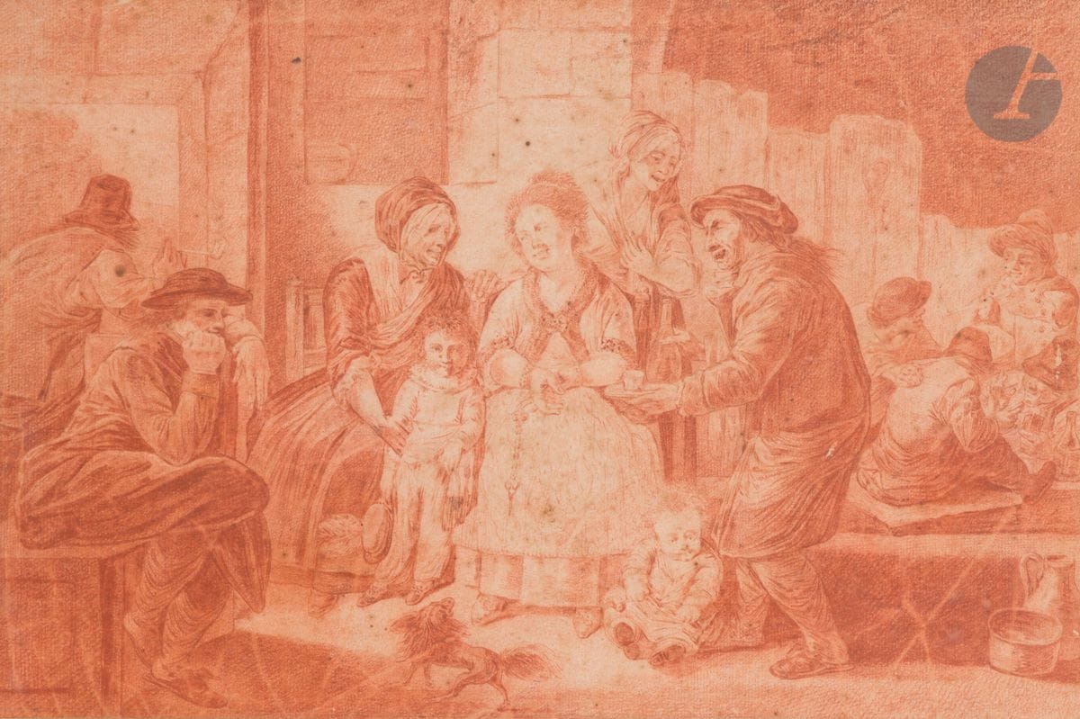 ÉCOLE HOLLANDAISE du XVIIIe siècle
Repas à l’auberge
Sanguine.
(Taches).
26,5 x 40,5 cm